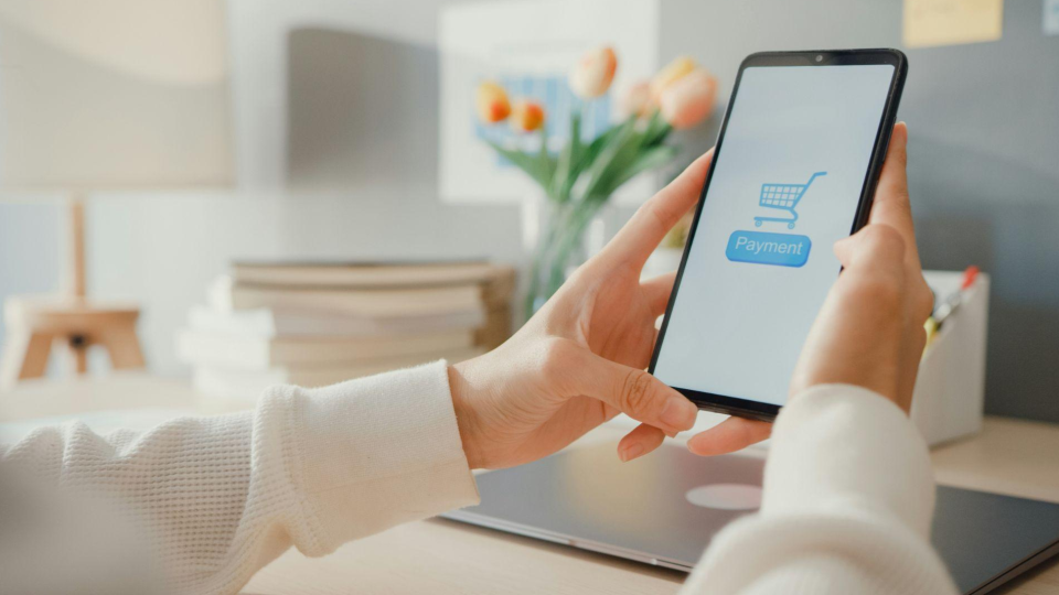 Pessoa segurando um smartphone com um aplicativo de pagamento online (Payment) aberto na tela.