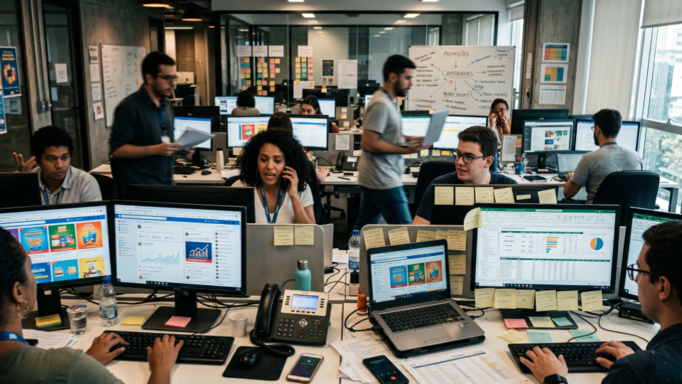 Equipe de marketing de supermercado trabalhando de forma acelerada em campanhas, anúncios e redes sociais dentro de um escritório moderno.