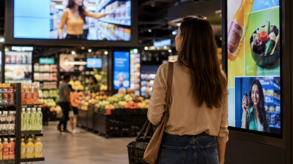 Esta imagem traz o ponto mais avançado da evolução do layout de loja: a integração entre o espaço físico e a tecnologia digital, conhecida no varejo como Mídia Out-of-Home Digital (DOOH) ou Retail Media no ponto de venda.