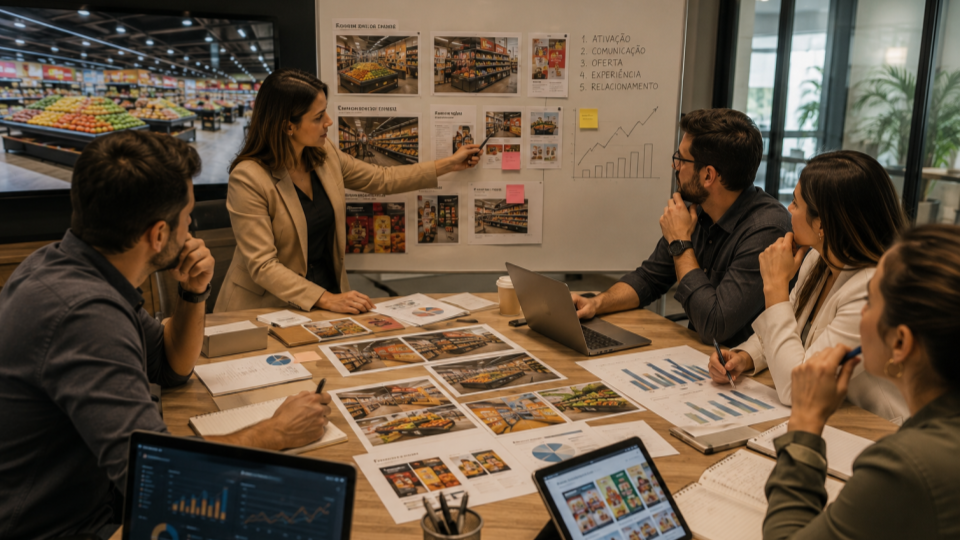 A imagem retrata uma reunião estratégica de equipe voltada para o planejamento de ações no varejo, com foco em merchandising, experiência do cliente e performance comercial.