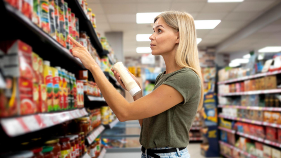 A imagem mostra uma mulher de cabelo loiro no corredor de um supermercado, a analisar produtos numa prateleira.