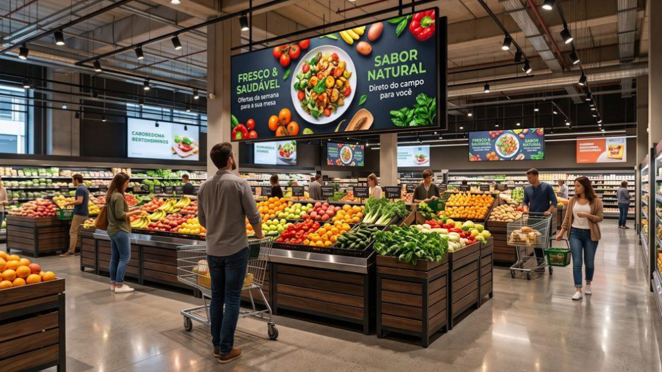 A imagem mostra o setor de hortifrúti de um supermercado moderno e bem iluminado, com vários clientes a fazer compras.